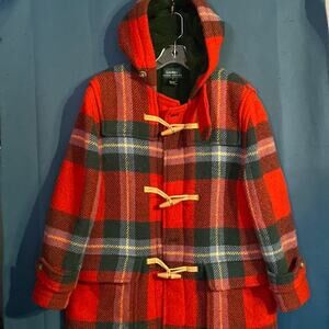 Vintage Lauren Ralph Lauren 100% Wool Red & Green Plaid Hooded Coat with Toggles